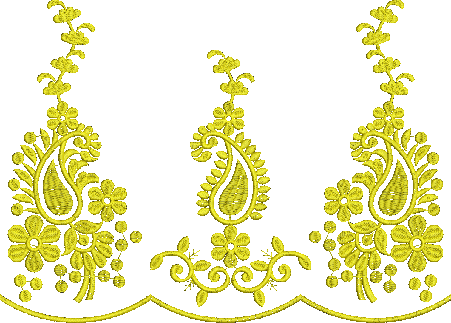 Embroidery design: A symmetrical embroidery design in yellow, featuring a central paisley motif with flanking floral elements and a decorat