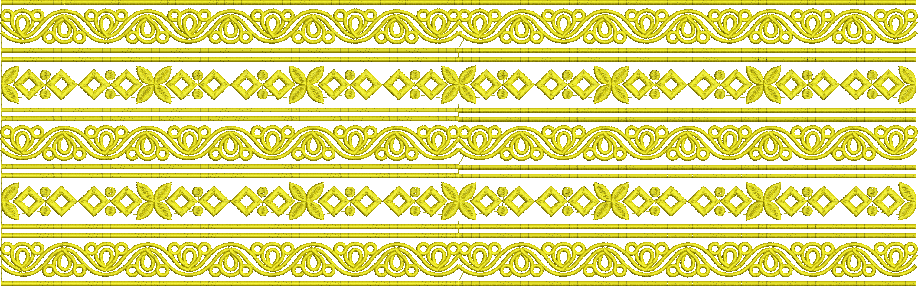 Embroidery design: A set of alternating yellow embroidery borders, one with scrollwork and stylized floral/leaf elements, the other with a 