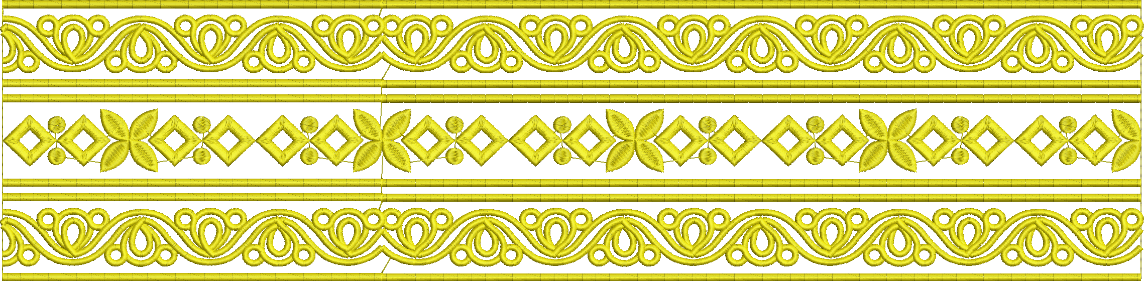 Embroidery design: A decorative gold embroidery border design with repeating ornamental and geometric scrollwork patterns.