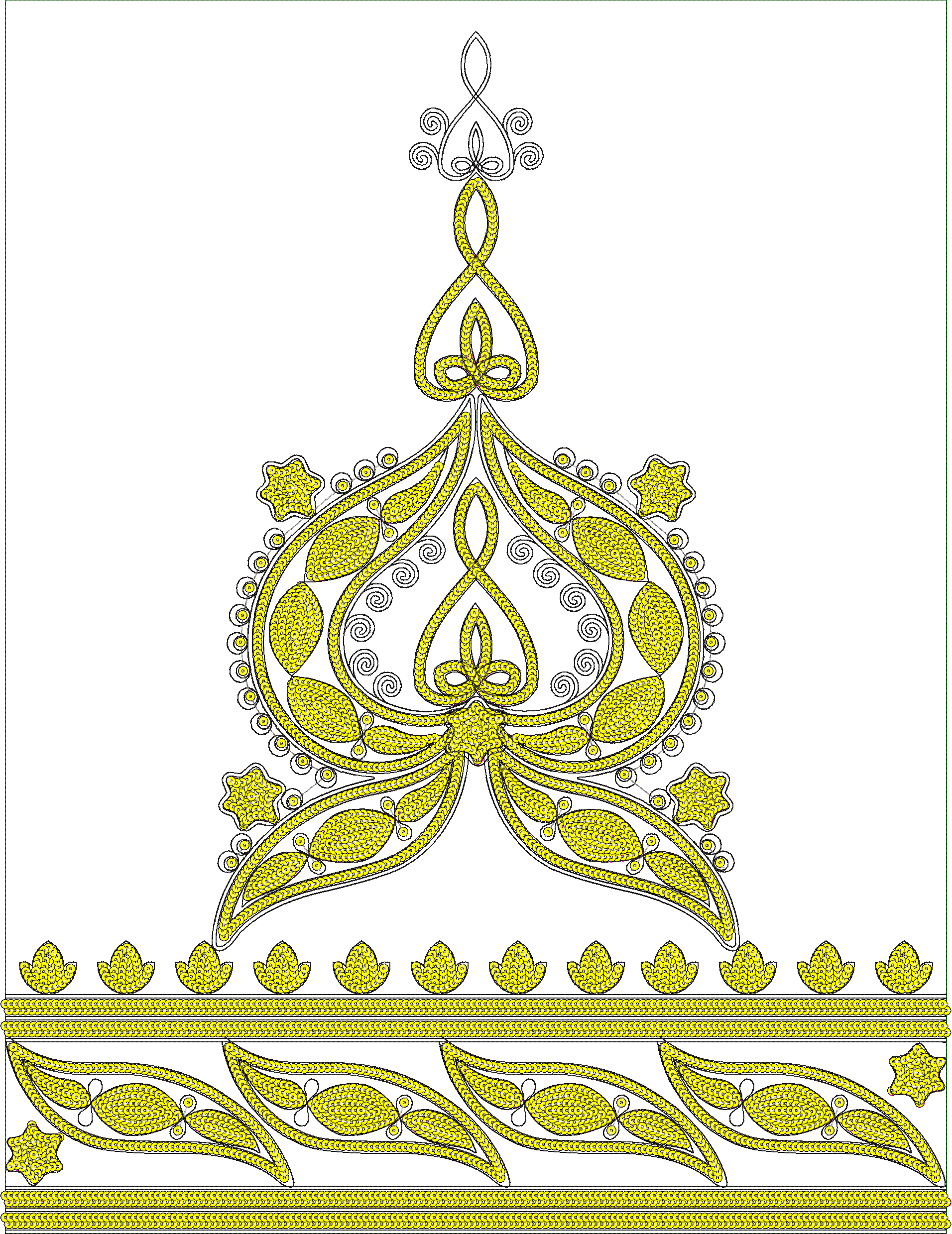 Embroidery design: A decorative embroidery design with yellow and black colors, featuring symmetrical, ornamental motifs that resemble styl