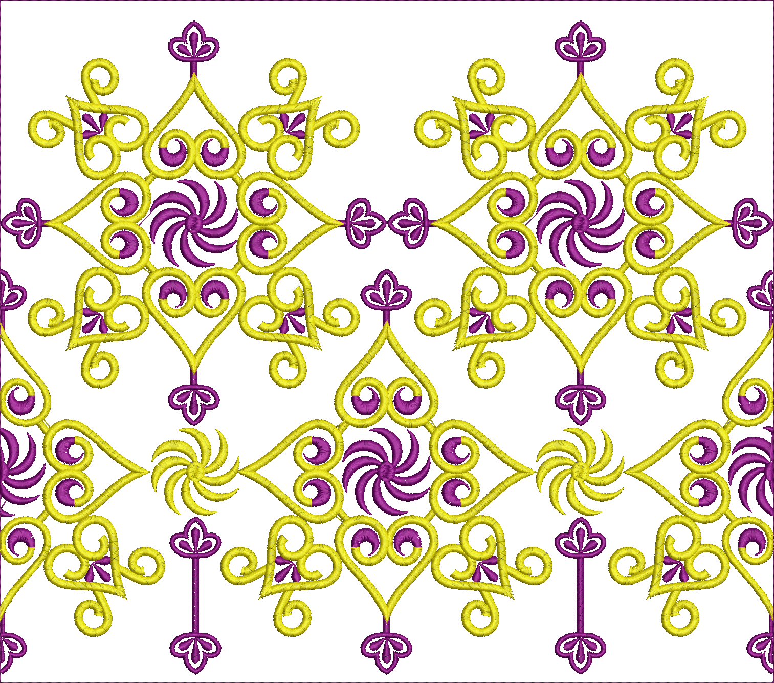Embroidery design: A decorative and ornamental embroidery design featuring a repeating border pattern. The design consists of yellow scroll