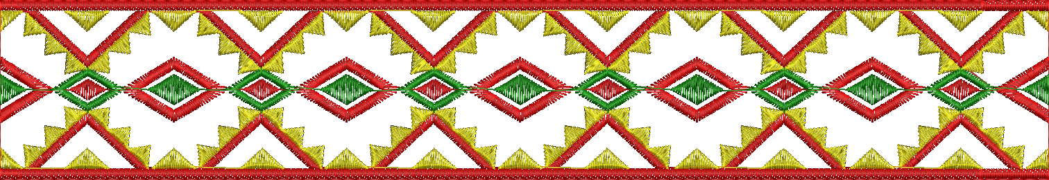 Embroidery design: A decorative, repeating, and symmetrical border design with geometric patterns in red, green, and yellow, suitable for t