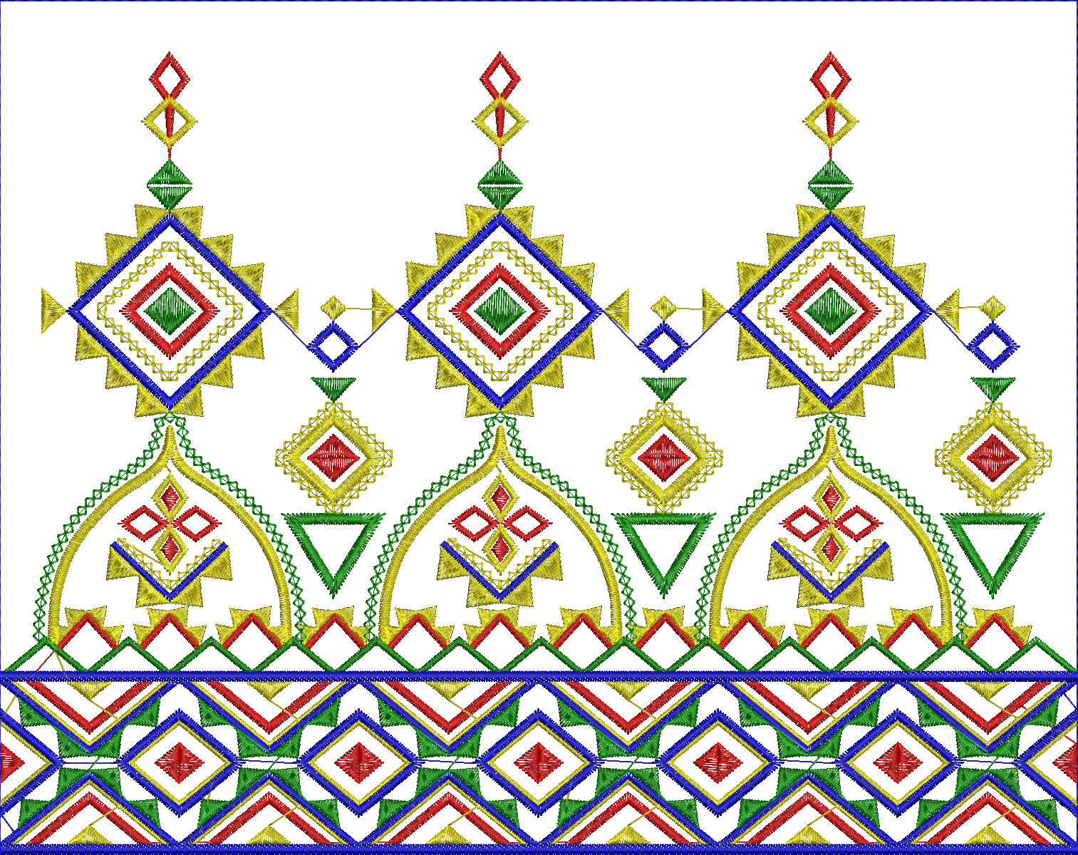 Embroidery design: A decorative embroidery border with repeating geometric patterns in blue, red, yellow, and green. The design features di