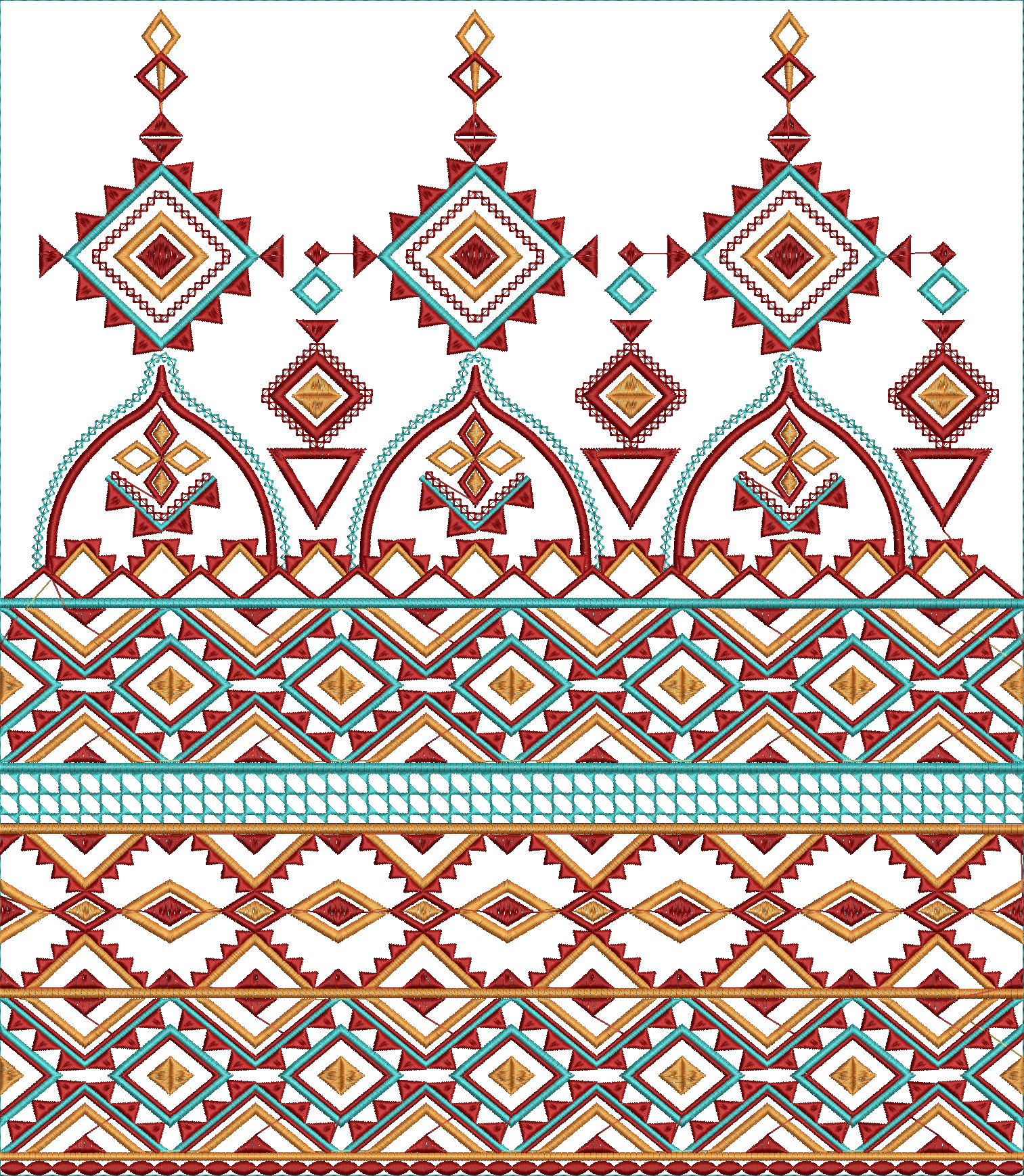 Embroidery design: A decorative embroidery border with repeating geometric patterns in red, golden yellow, and teal blue.