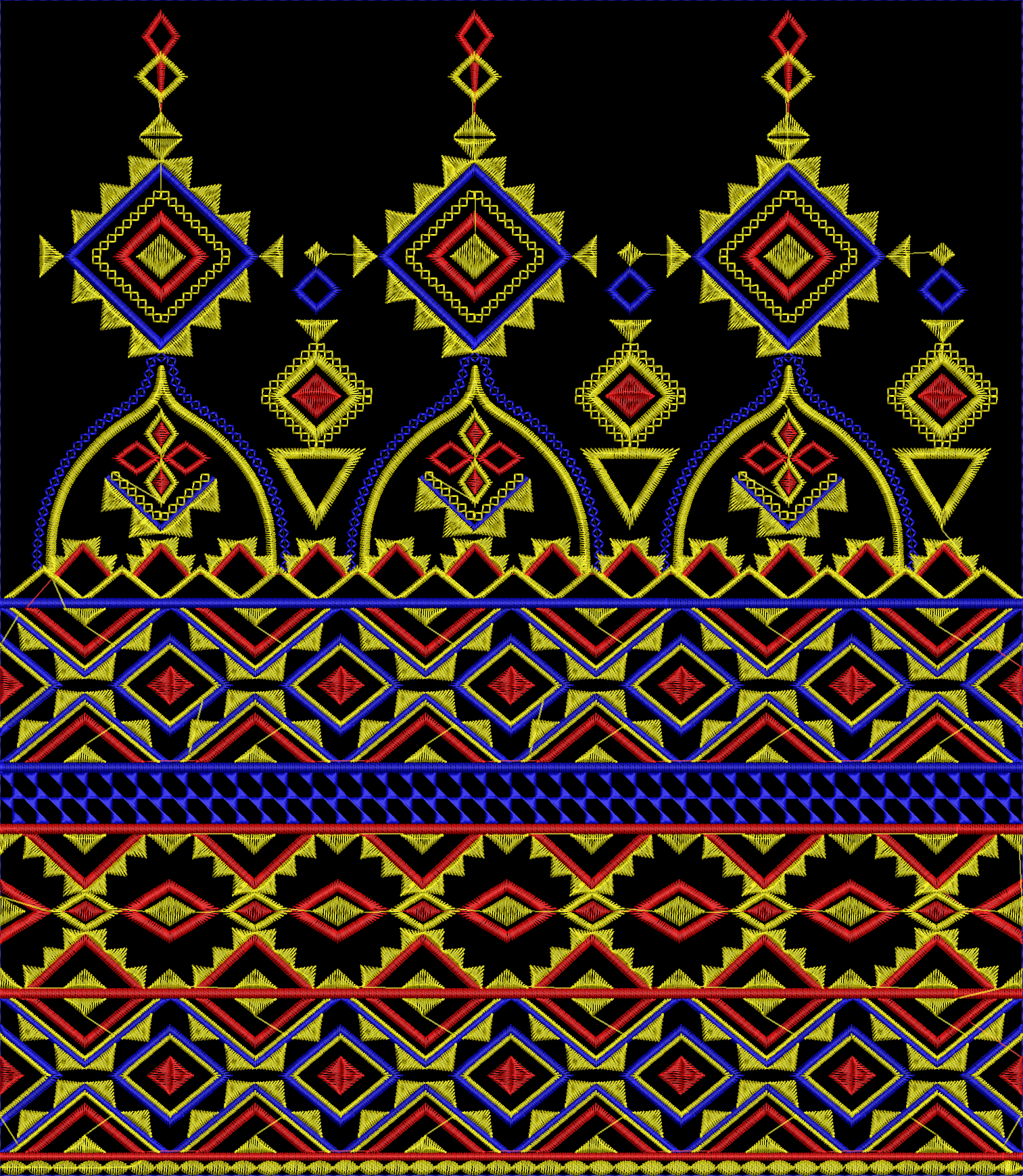 Embroidery design: A decorative ethnic-style embroidery border with repeating geometric patterns in red, yellow, and blue.