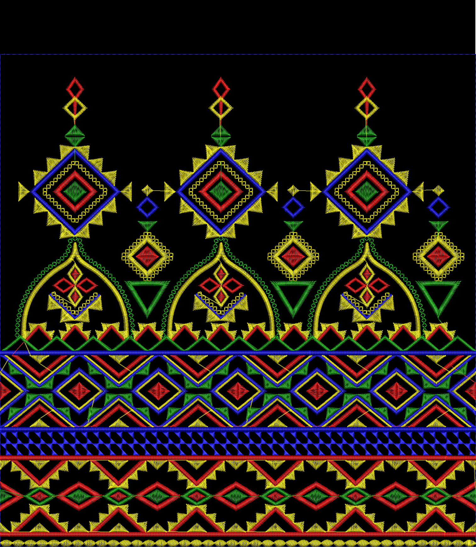 Embroidery design: A decorative embroidery border with repeating geometric patterns in red, green, yellow, and blue, featuring diamonds and