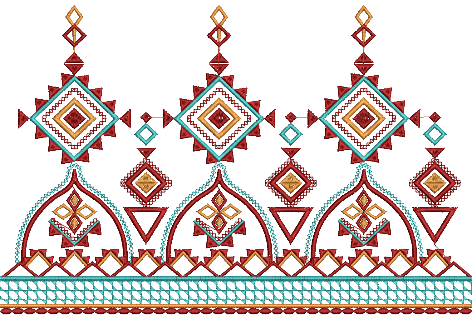 Embroidery design: A decorative border embroidery design featuring symmetrical geometric patterns in red, golden yellow, and turquoise. The