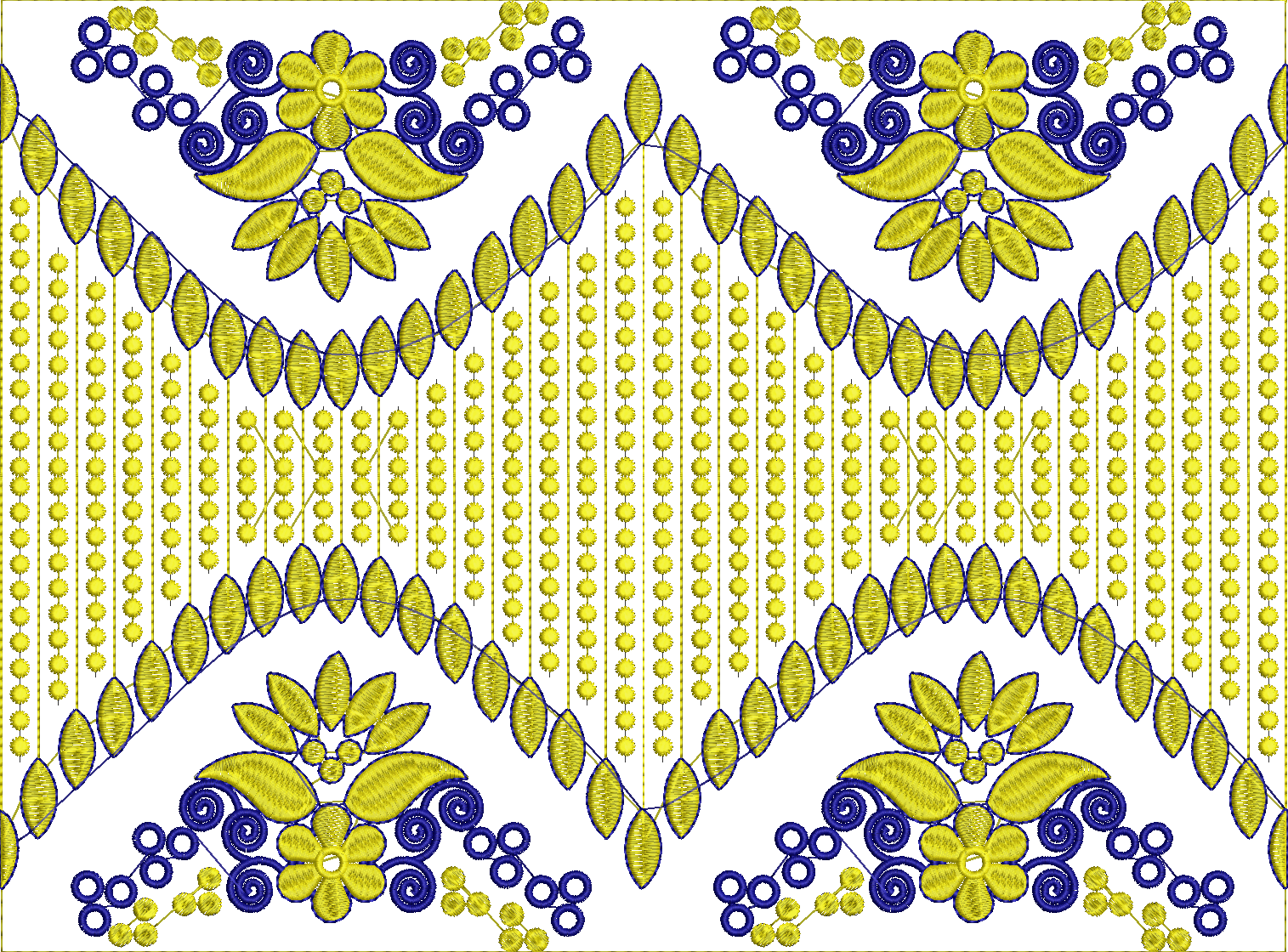 Embroidery design: A decorative embroidery design featuring repeating symmetrical floral and geometric motifs in blue and yellow.