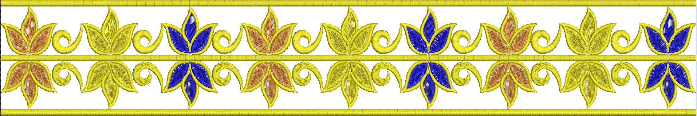 Embroidery design: A repeating decorative border with stylized yellow and blue flowers and scrollwork, accented with brown in some petals. 