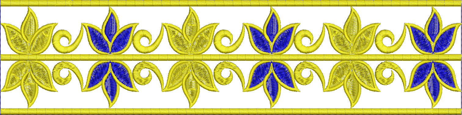 Embroidery design: A repeating horizontal border embroidery design featuring stylized gold lotus blossoms with royal blue centers, outlined