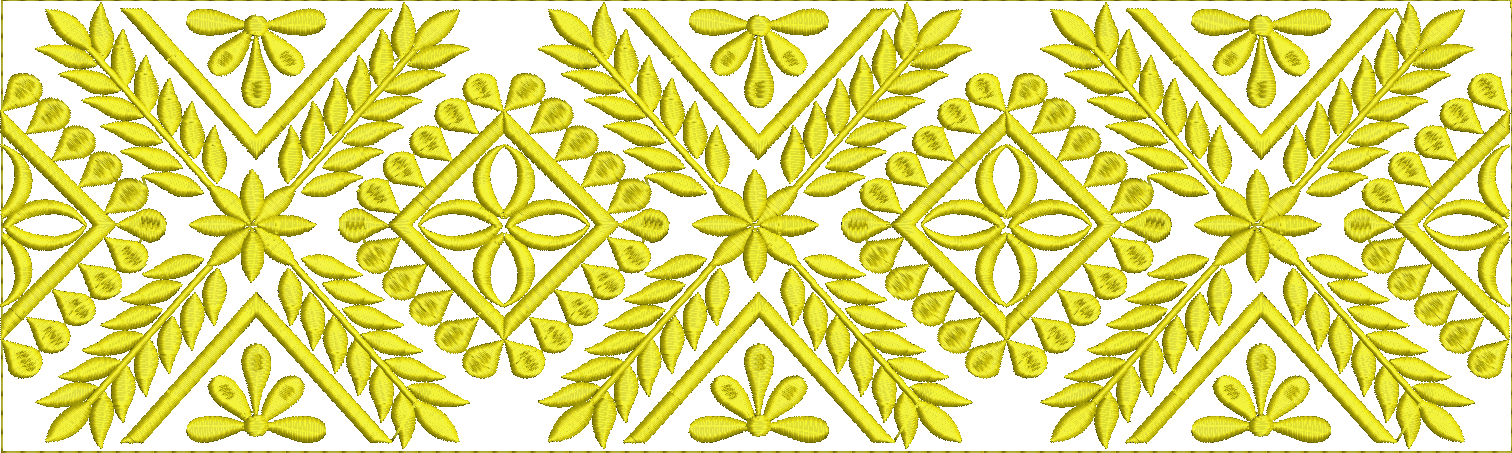 Embroidery design: A yellow embroidery border design with repeating symmetrical geometric and floral motifs, featuring leaves and flowers.