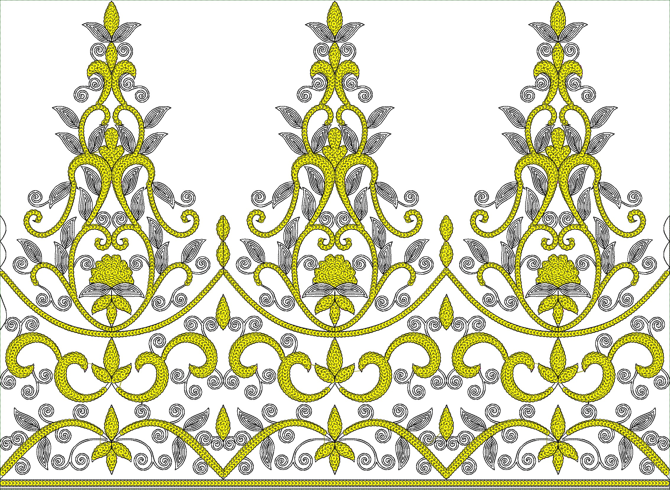 Embroidery design: A symmetrical, repeating ornamental border design in yellow and grey, featuring floral and leaf motifs with scrollwork e