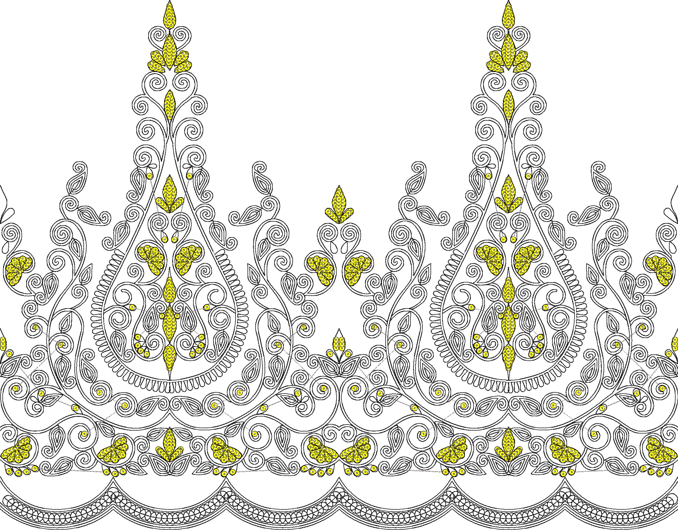 Embroidery design: A decorative border embroidery design featuring yellow floral and vine motifs with intricate black scrollwork on a white