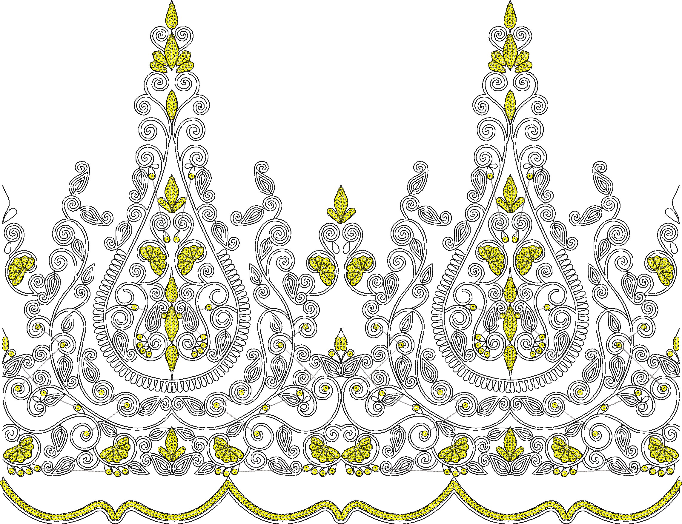 Embroidery design: A symmetrical, repeating decorative border embroidery design with black outlines and yellow floral accents and a yellow 