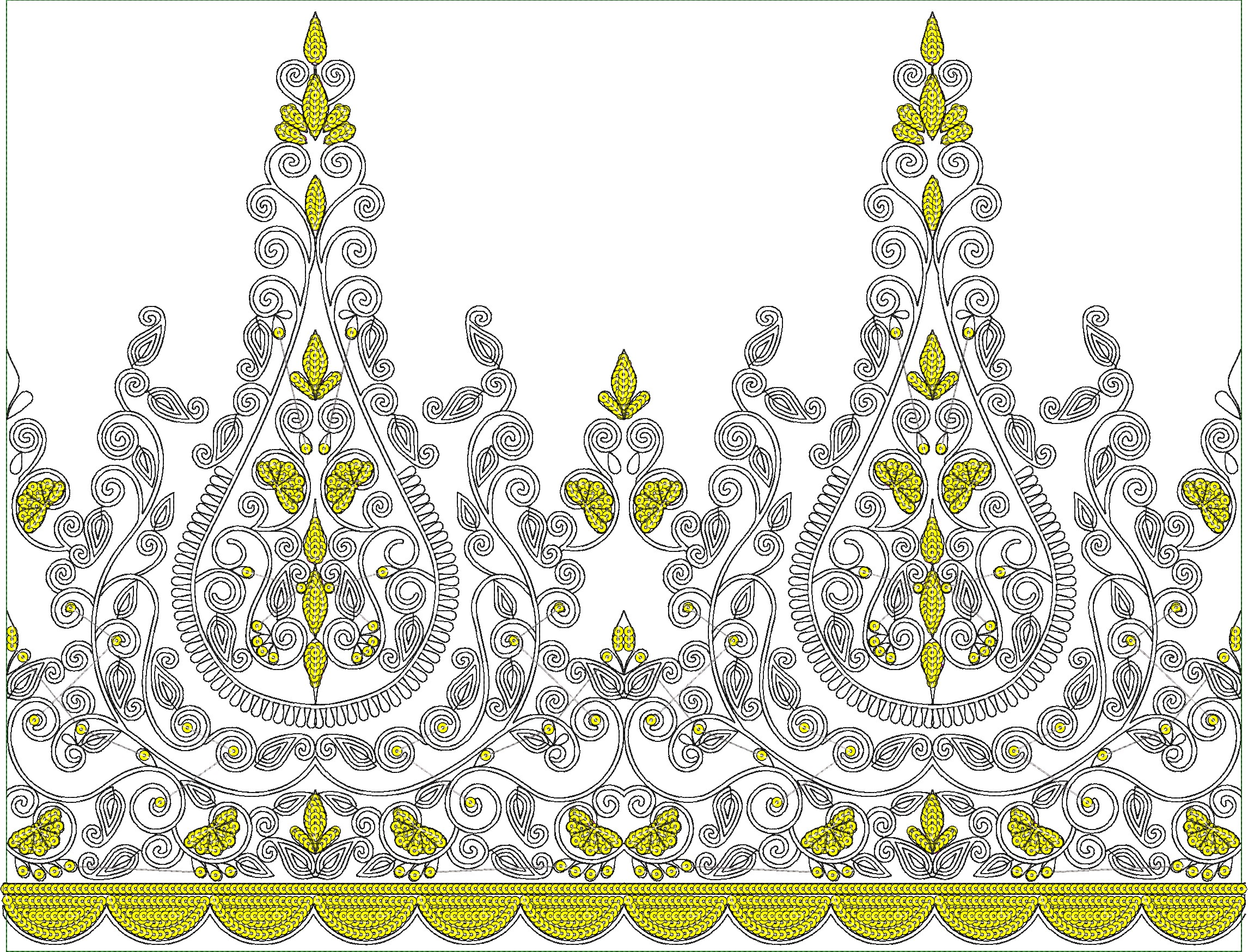 Embroidery design: A symmetrical and repeating decorative border design with intricate scrollwork and yellow floral or leaf motifs.
