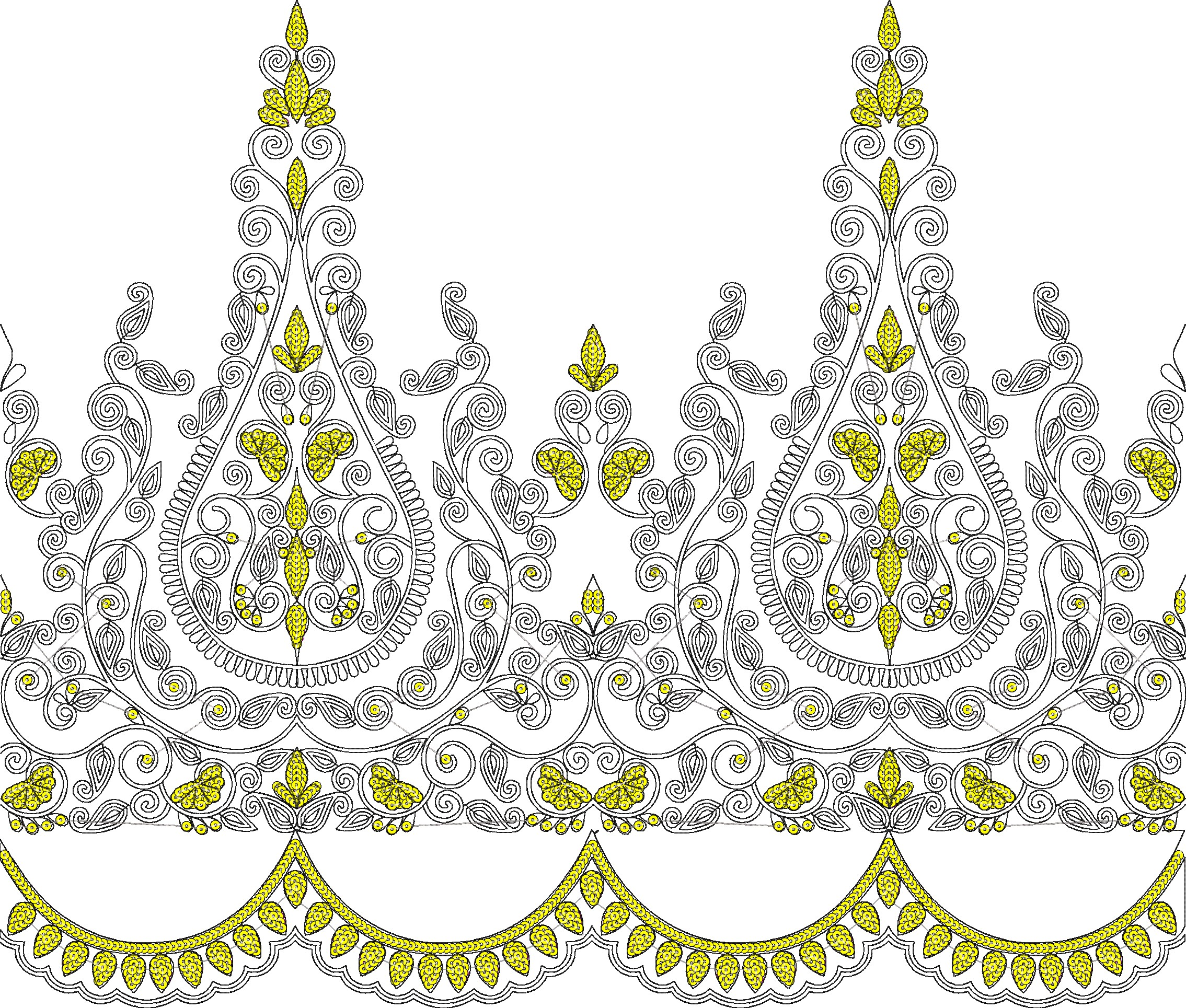 Embroidery design: A decorative border embroidery design with intricate black scrollwork and yellow floral and paisley-like elements in a s