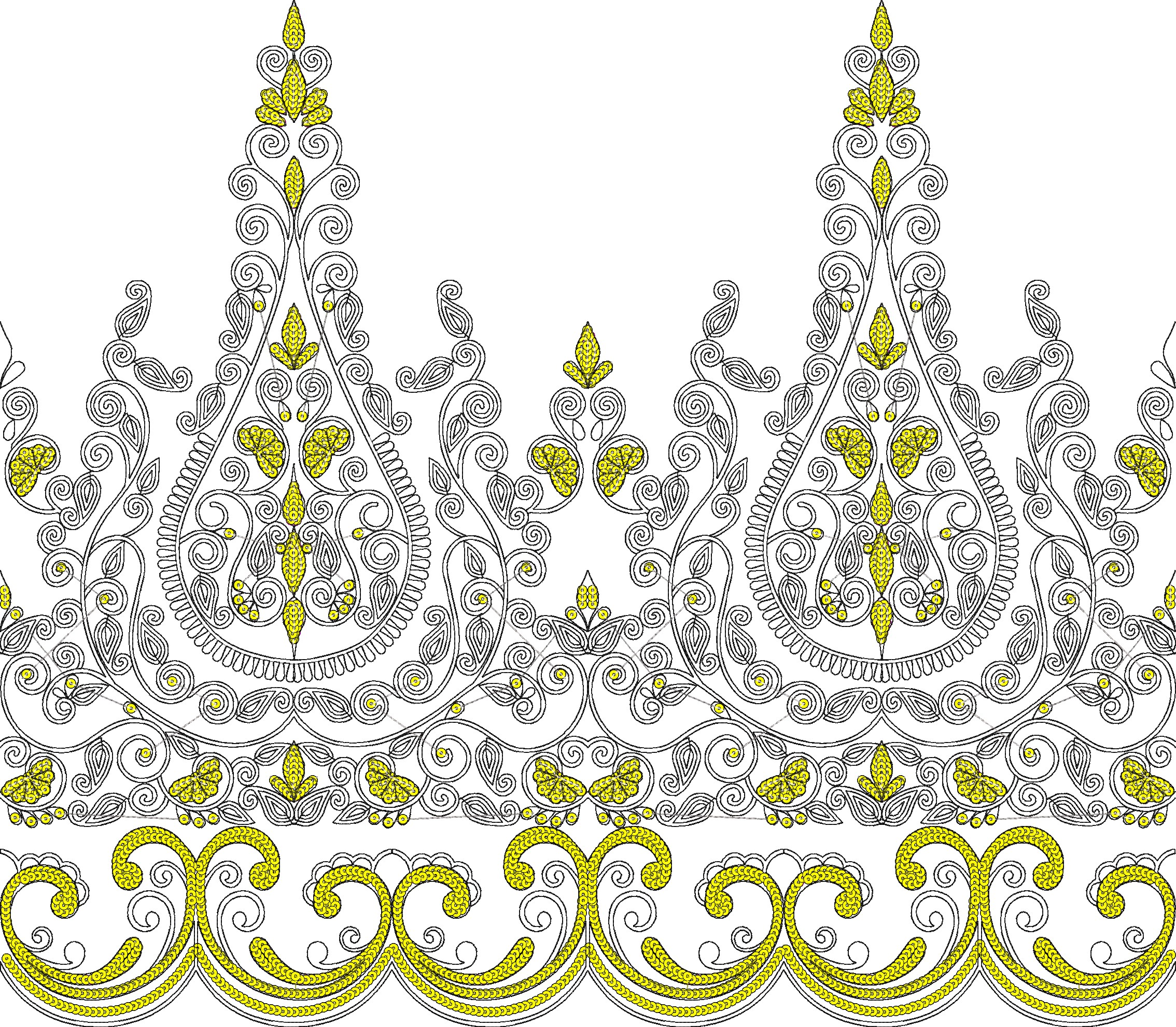 Embroidery design: A symmetrical and repeating decorative border design with black scrollwork and yellow floral and foliage elements.