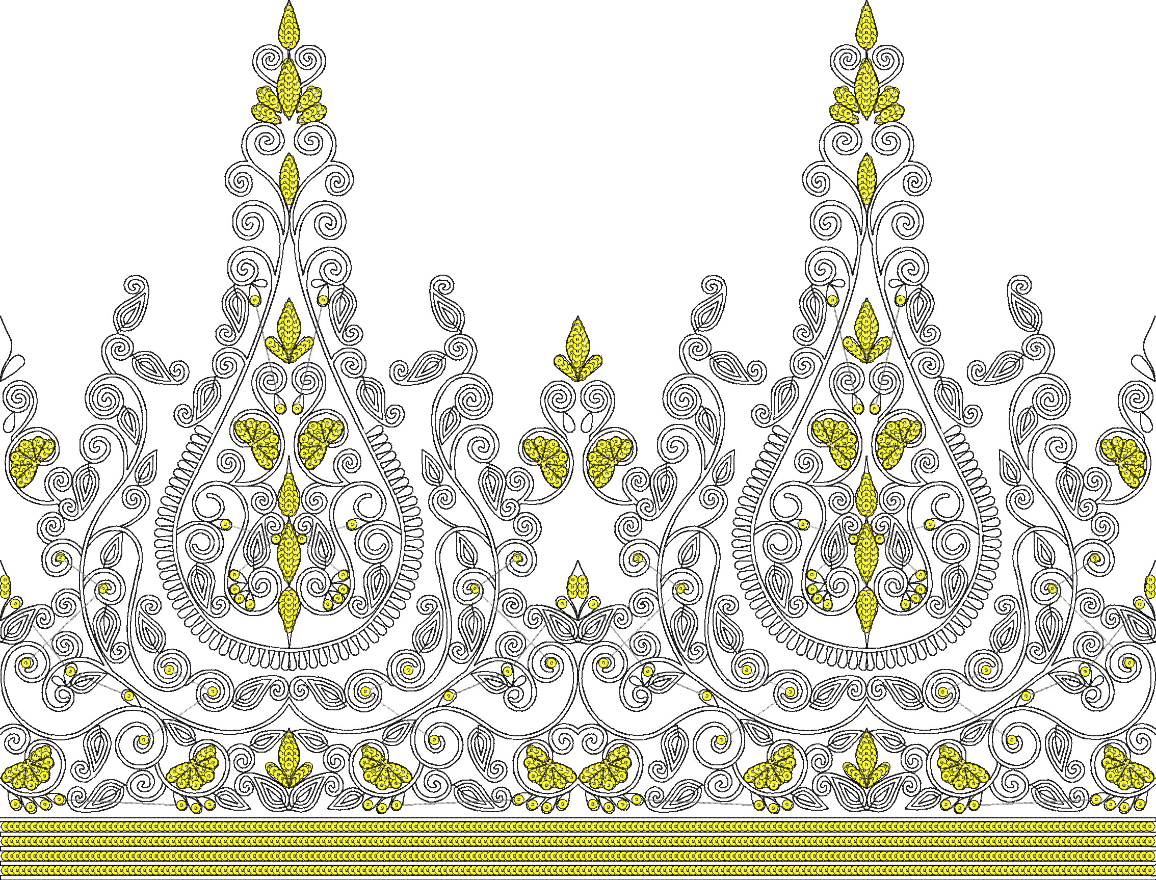 Embroidery design: A decorative black and yellow border embroidery design with symmetrical scrollwork, floral, and leaf motifs, featuring a