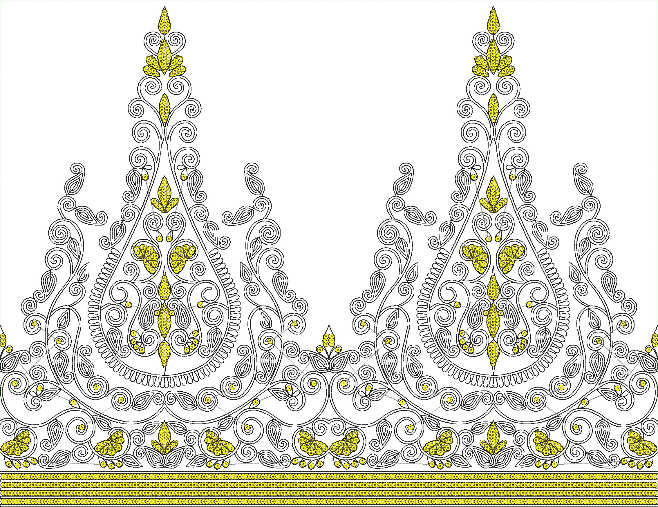 Embroidery design: A symmetrical, repeating decorative border with black scrollwork and yellow floral motifs, suitable for trim.