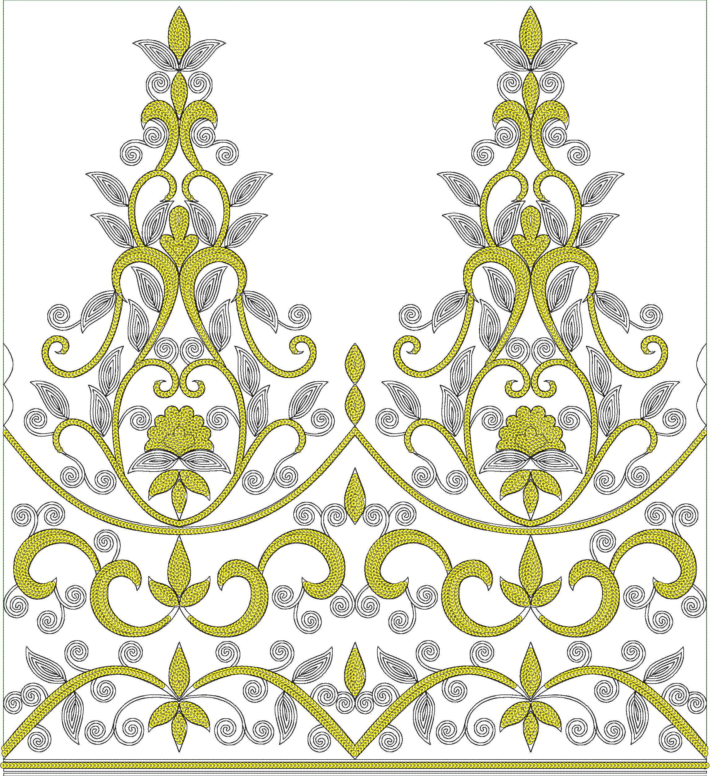 Embroidery design: A symmetrical ornamental embroidery border design featuring yellow scrollwork, vines, and floral motifs with black outli