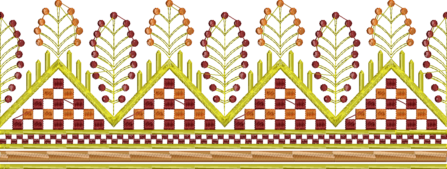 Embroidery design: A decorative, symmetrical embroidery border design with repeating geometric motifs. The design features diamond and dot 