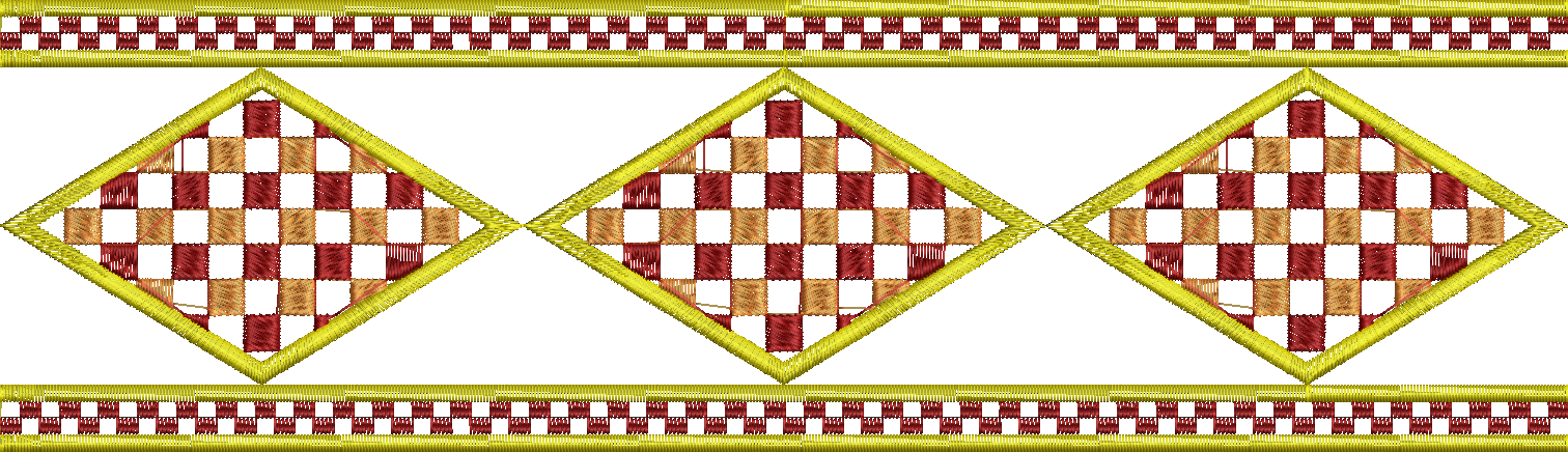 Embroidery design: A decorative embroidery border with repeating diamond shapes filled with a red and tan checkerboard pattern, outlined in