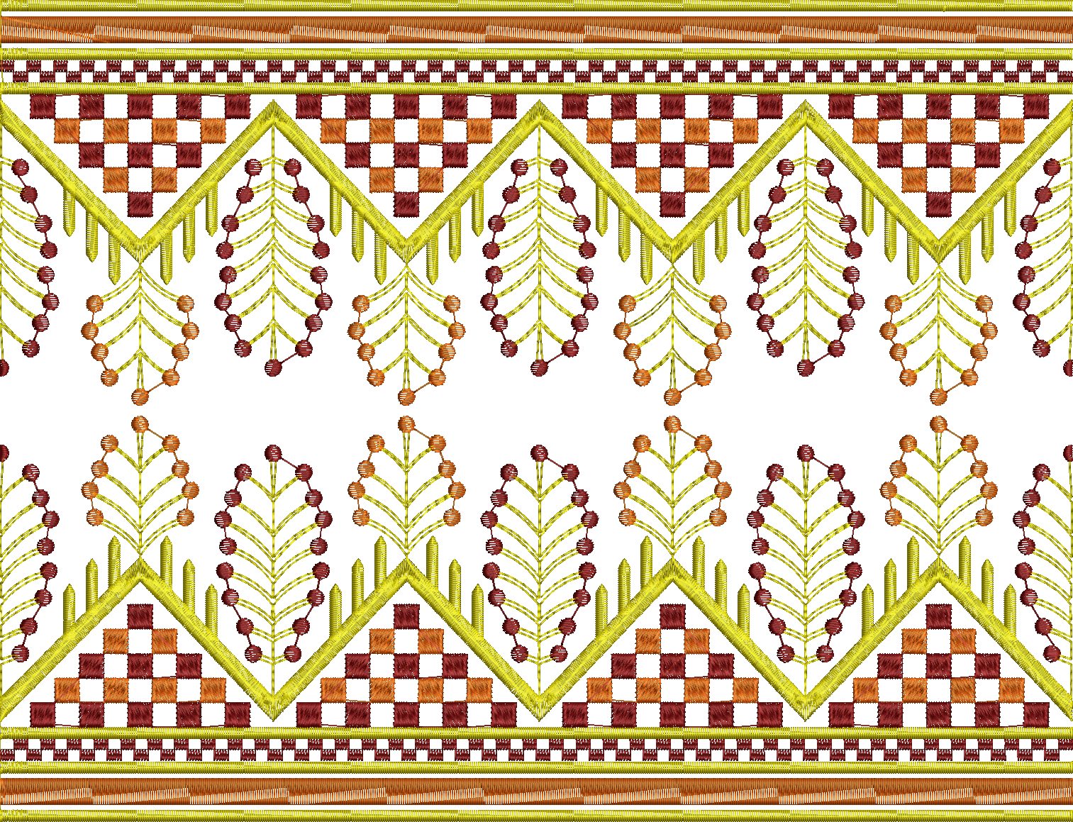 Embroidery design: A repeating horizontal embroidery border with geometric diamond patterns and stylized floral motifs in yellow, brown, an