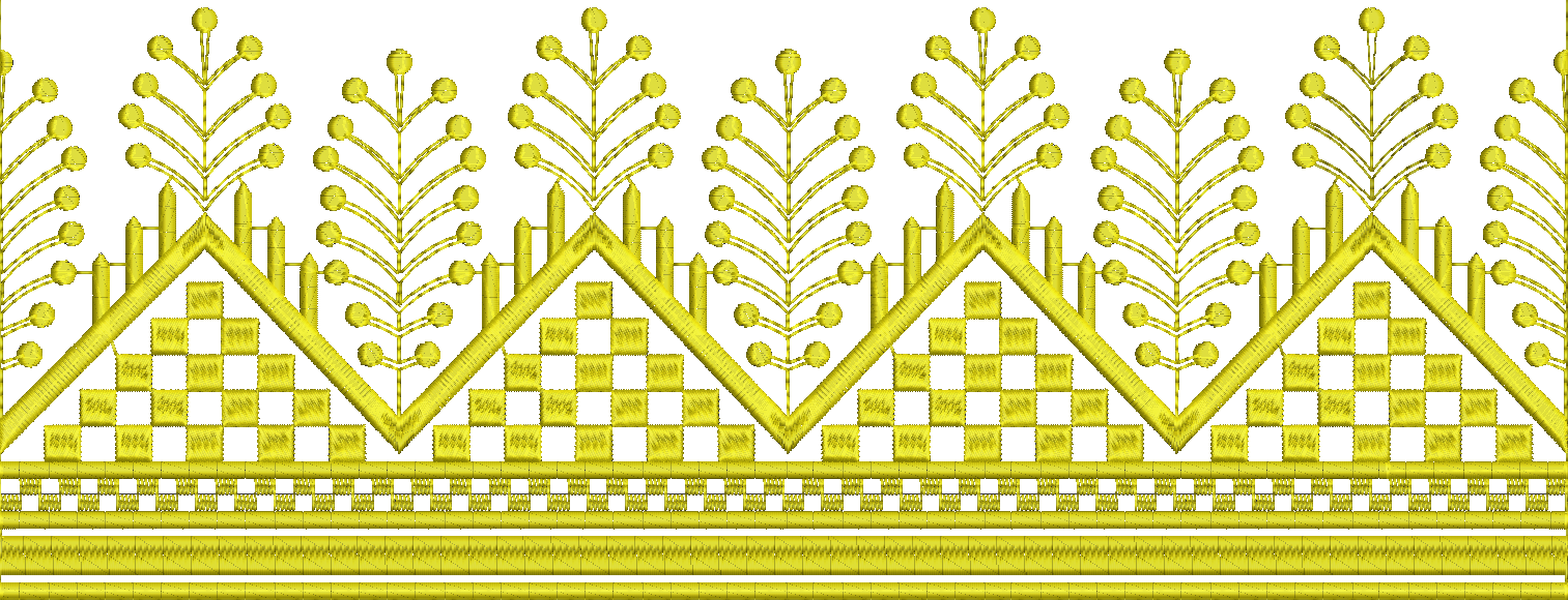 Embroidery design: A yellow embroidery border design with geometric patterns including diamonds and checkered squares, interspersed with st