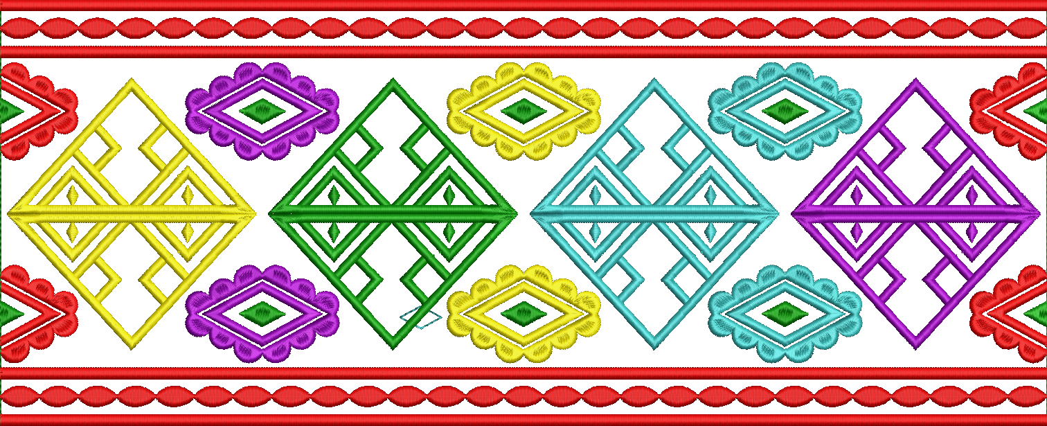 Embroidery design: A symmetrical, repeating decorative border with geometric patterns in yellow, green, cyan, and purple, framed by red sca