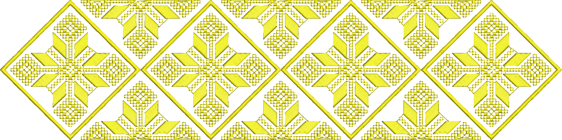 Embroidery design: A repeating geometric embroidery pattern in solid yellow, featuring diamond shapes arranged to create star-like motifs.