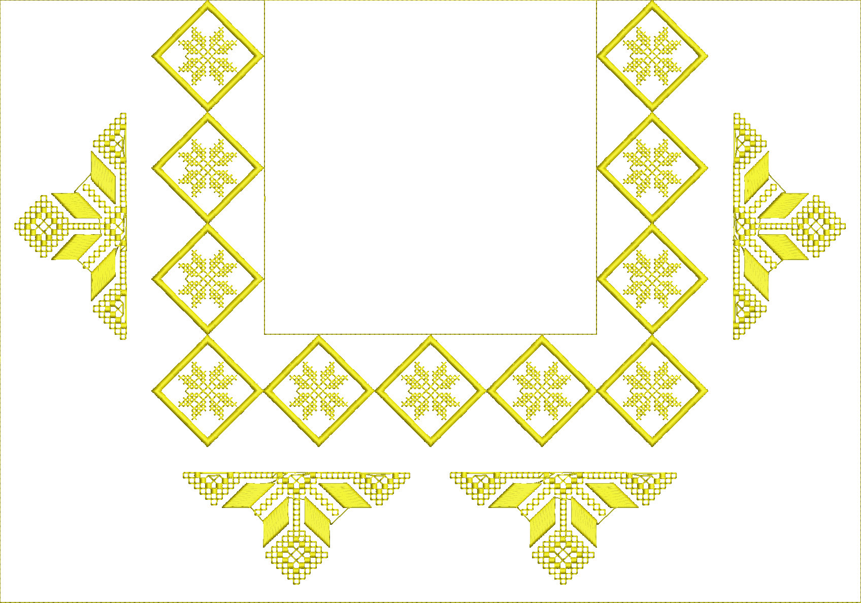Embroidery design: A yellow embroidery design featuring a symmetrical border with diamond-shaped motifs, each containing an intricate star-