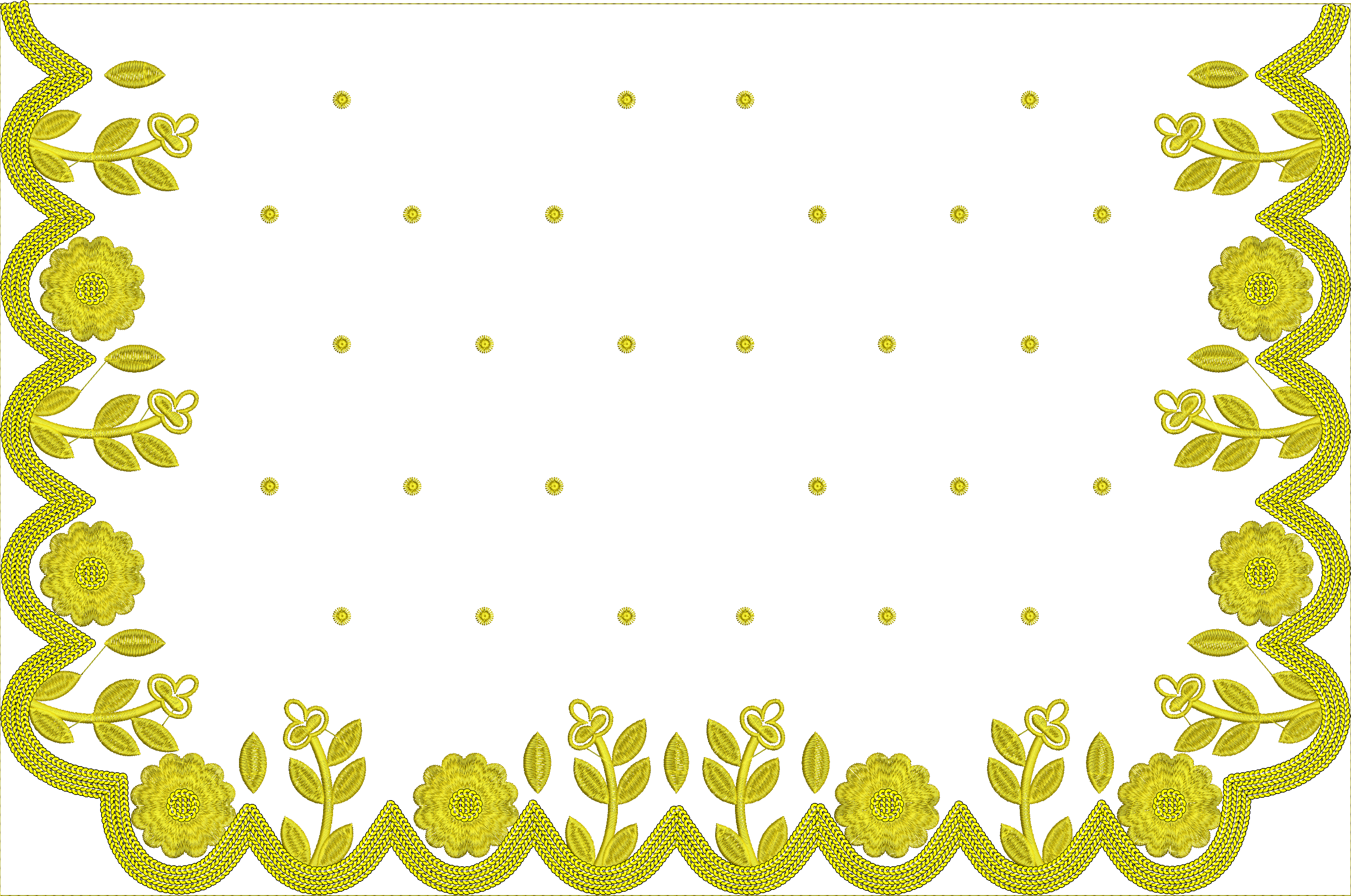 Embroidery design: A yellow embroidery design featuring a decorative border with floral motifs and leaves, with scattered small floral dots