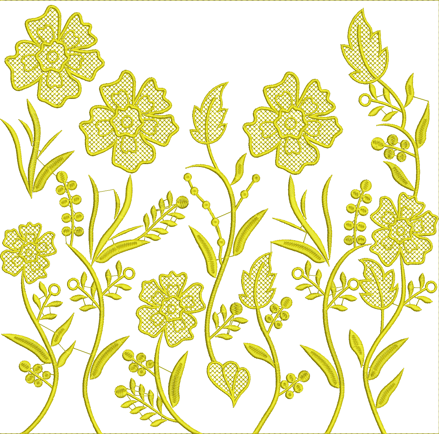 Embroidery design: A decorative embroidery design featuring yellow flowers and vines with a lace-like texture.