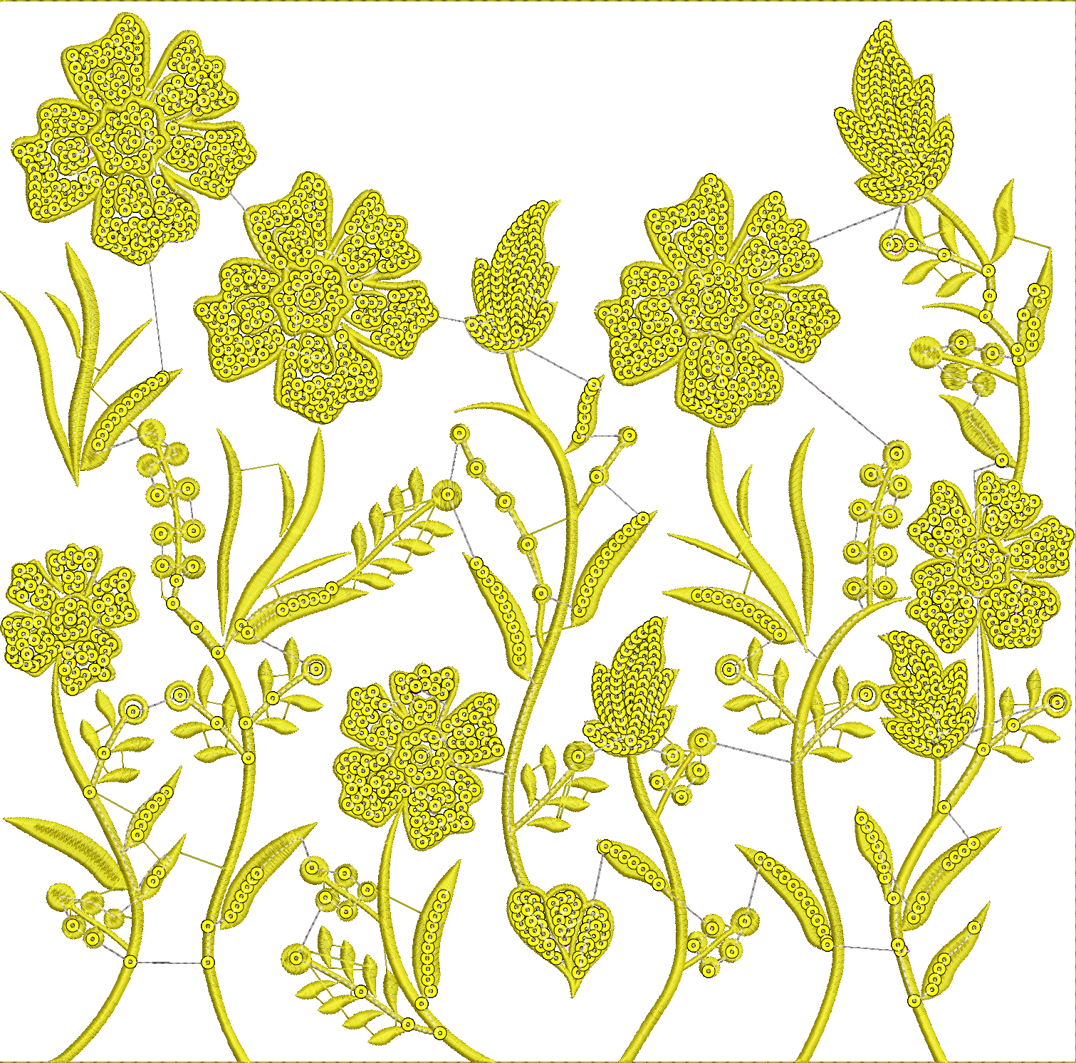 Embroidery design: A yellow embroidery design featuring various flowers, blossoms, buds, and foliage with a dense fill texture. The element