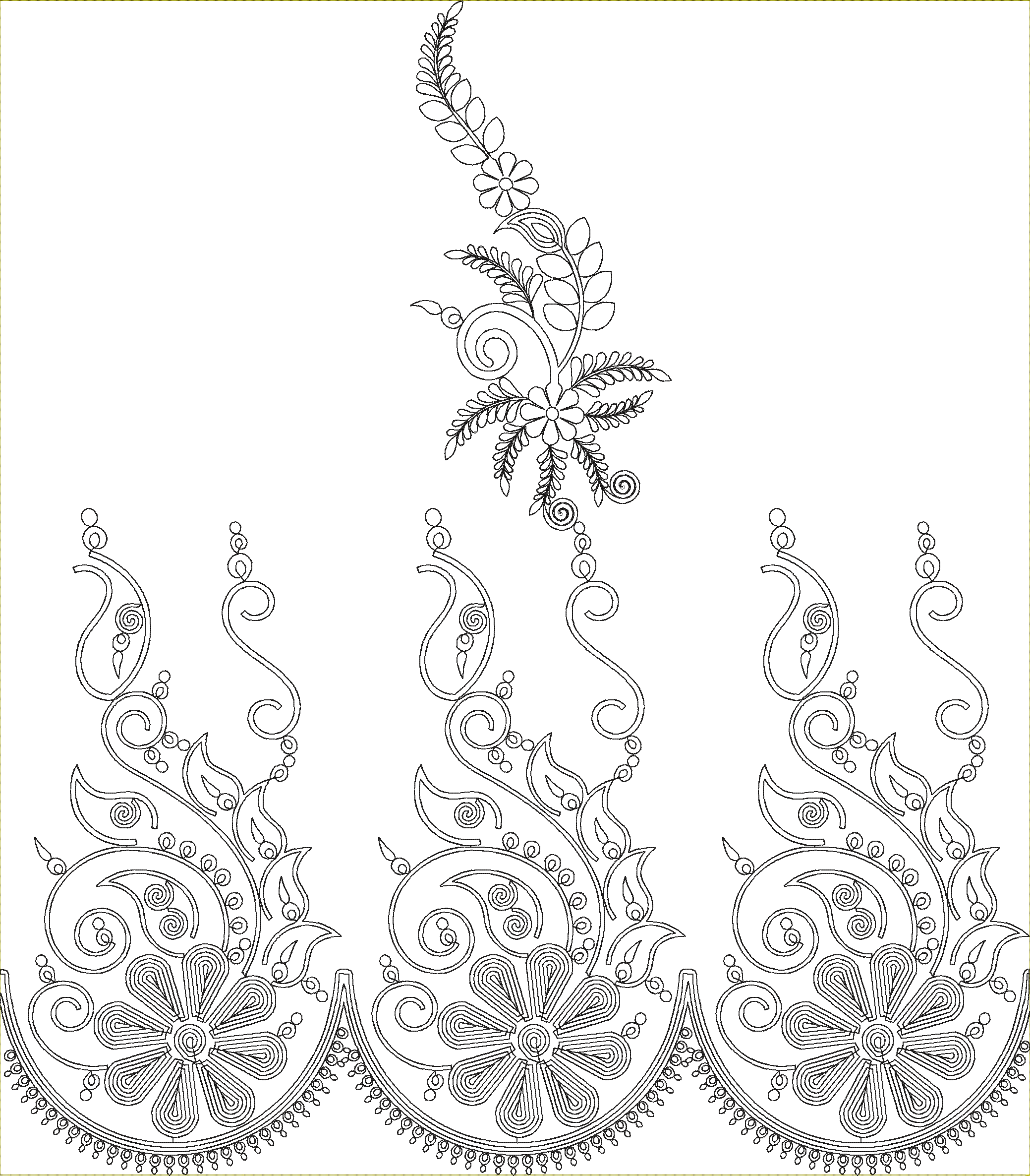Embroidery design: A black and white embroidery design featuring a floral and vine motif with an ornamental border. The design includes flo
