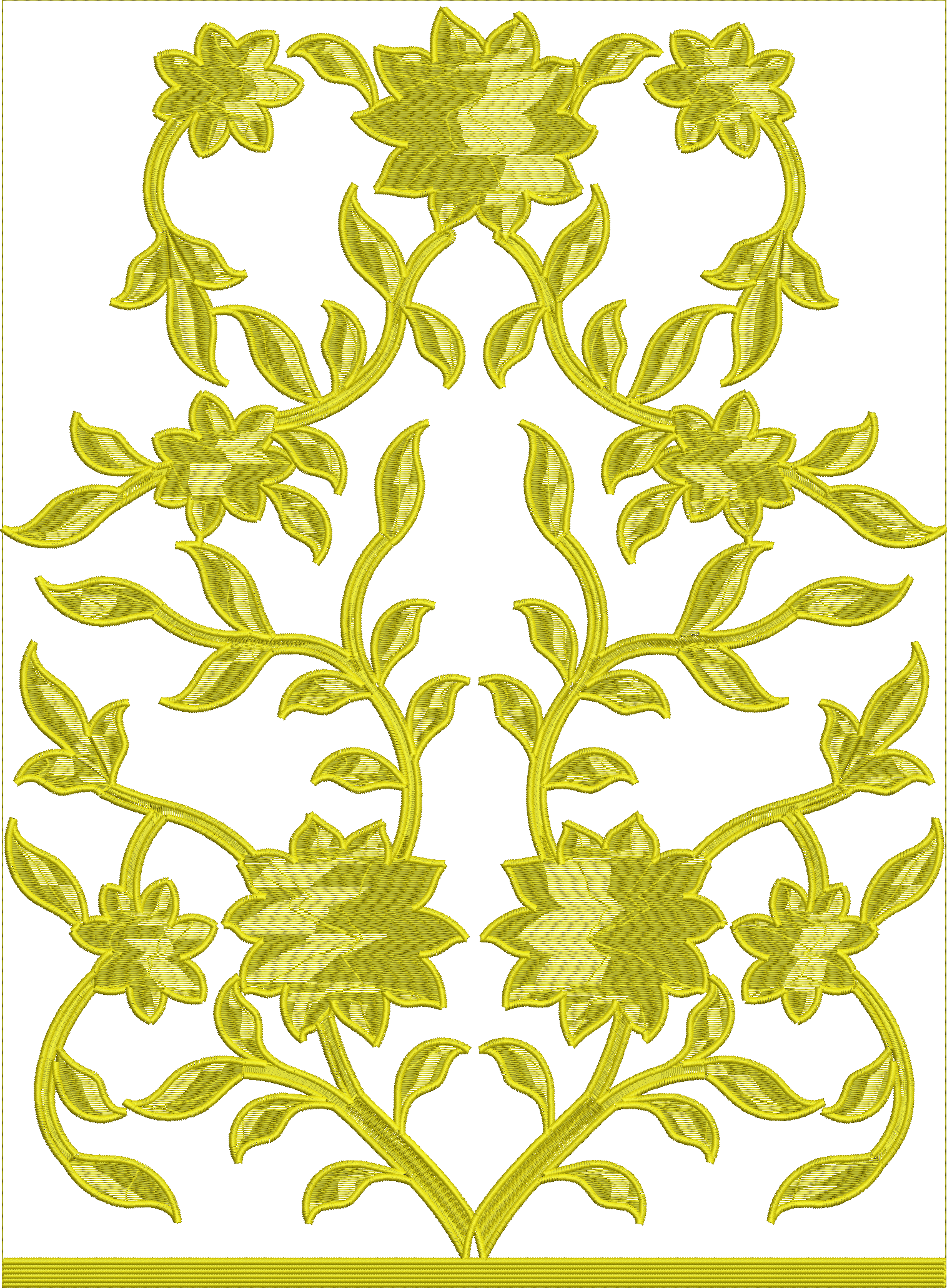 Embroidery design: A symmetrical embroidery design featuring yellow floral and vine elements with an ornamental and decorative style.