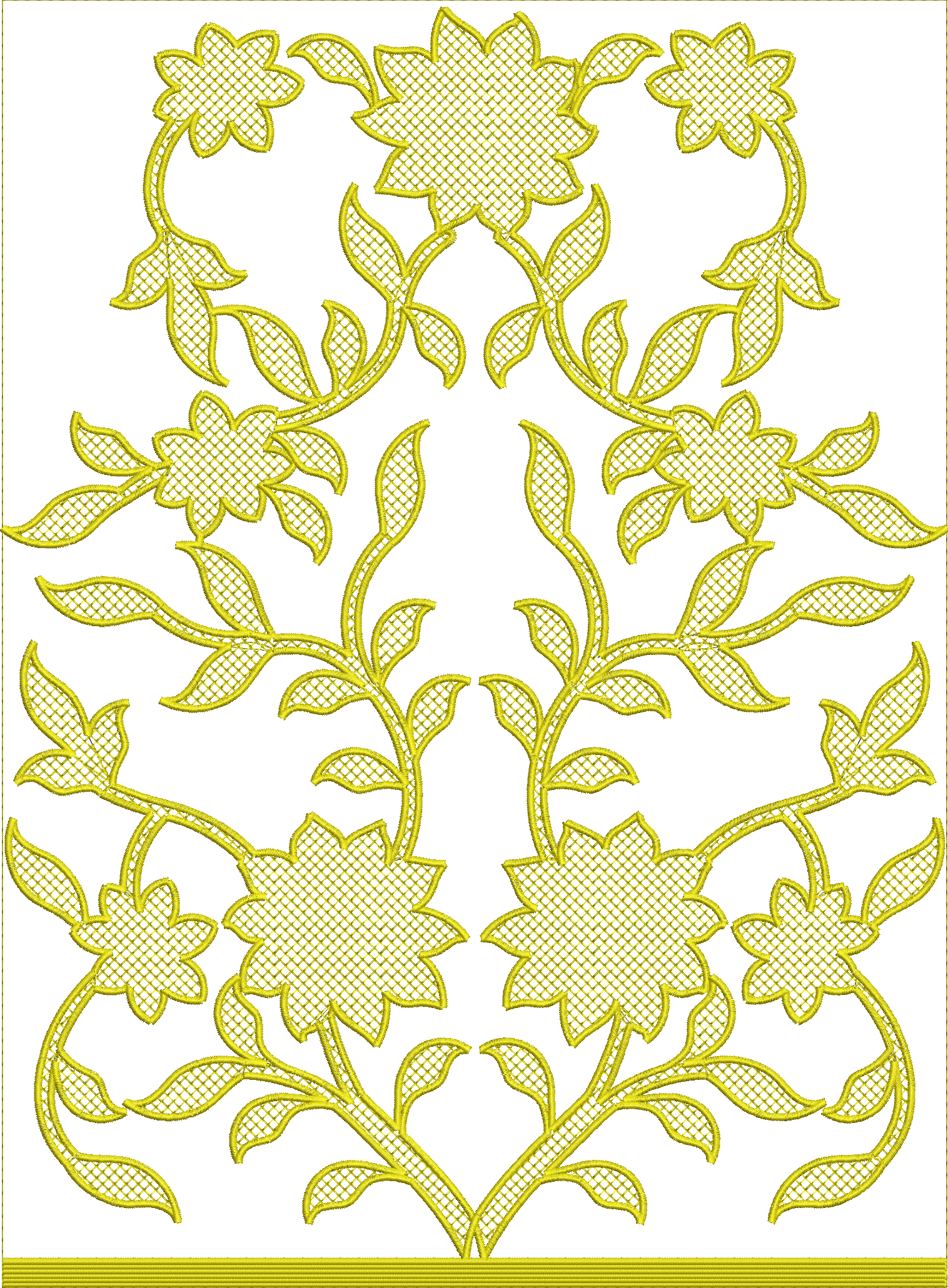 Embroidery design: A symmetrical, decorative embroidery design in yellow featuring scrolling vines with leaves and floral motifs in a lace-