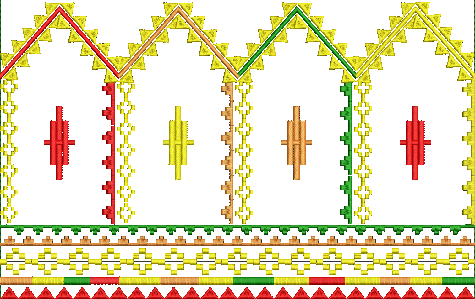 Embroidery design: A decorative embroidery border design featuring repeating geometric motifs in red, yellow, brown, and green, with zigzag