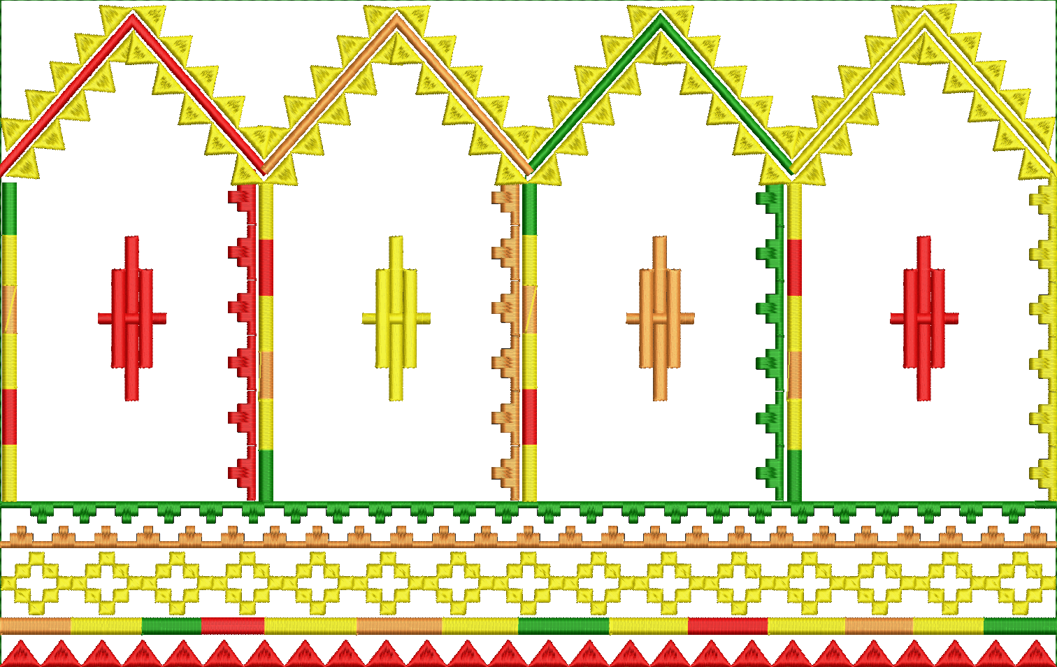 Embroidery design: A series of decorative embroidered borders featuring geometric patterns and house-like motifs. The top border has a zigz
