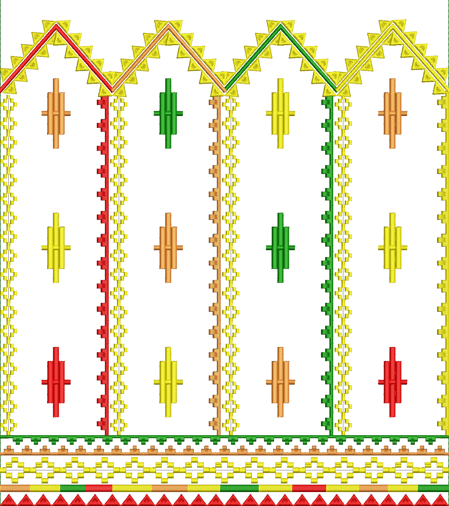 Embroidery design: An ethnic and traditional embroidery design featuring repeating vertical panels with stylized bamboo or geometric motifs