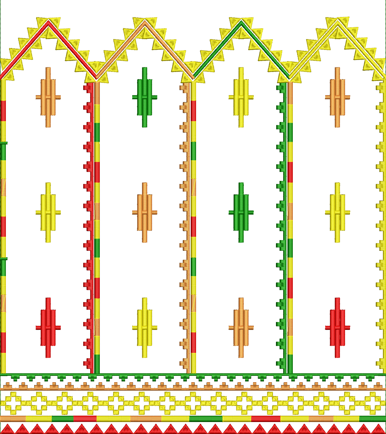 Embroidery design: An embroidery design featuring a series of arched structures with intricate geometric patterns and borders in red, green