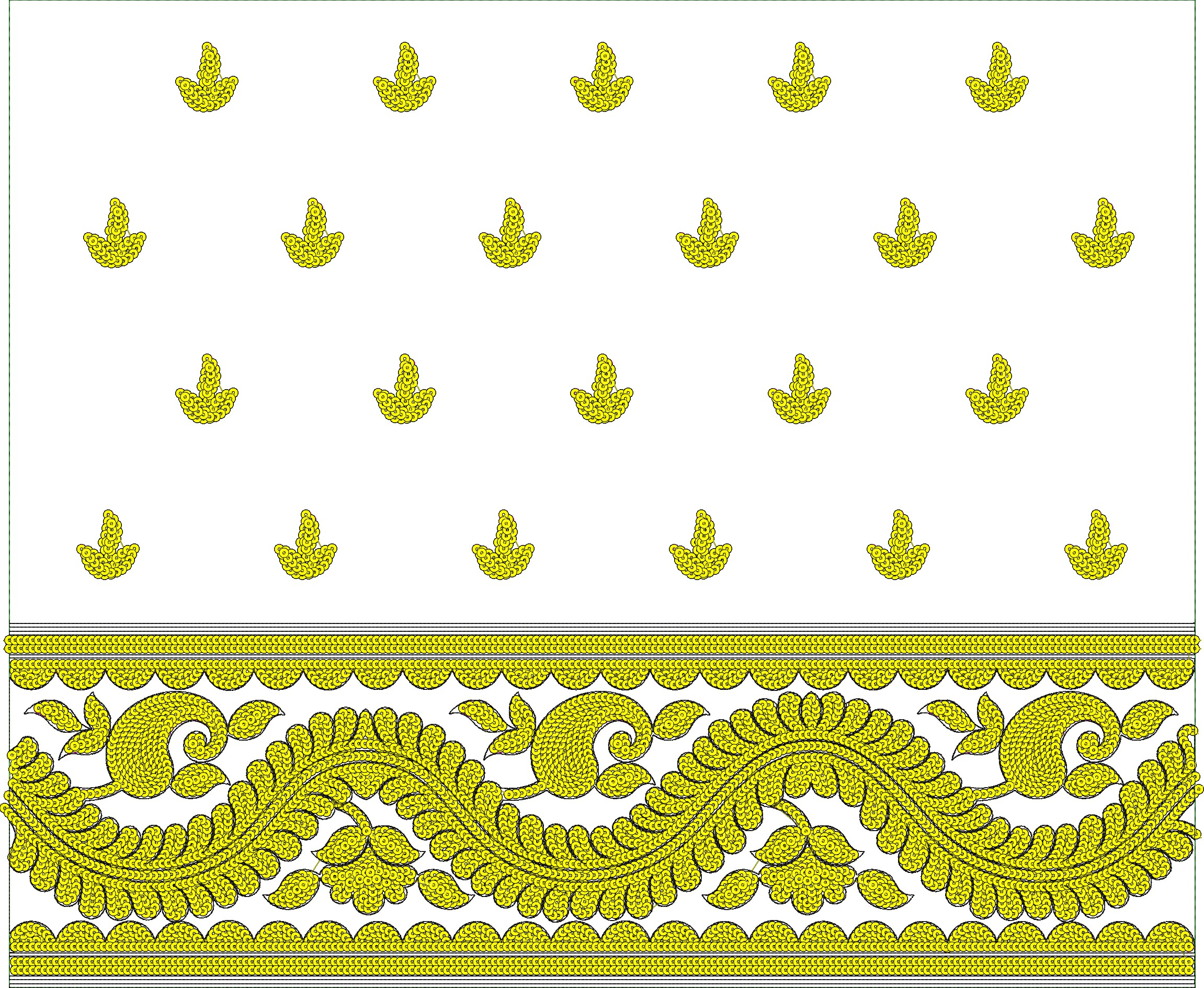 Embroidery design: A digital embroidery design featuring a white background with scattered yellow leaf-like motifs. The bottom of the desig