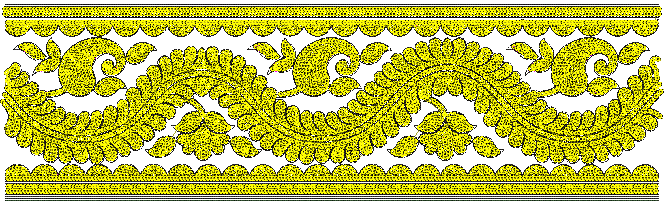 Embroidery design: A yellow horizontal border embroidery design featuring paisley and floral motifs with dense circular fill, in a symmetri