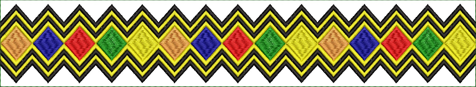 Embroidery design: A repeating geometric border design featuring colorful diamond shapes in orange, blue, red, green, and yellow, with blac