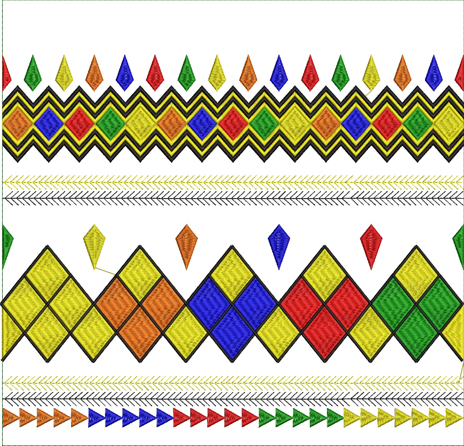 Embroidery design: A vibrant horizontal embroidery border featuring repeating geometric patterns including diamonds, triangles, and chevron
