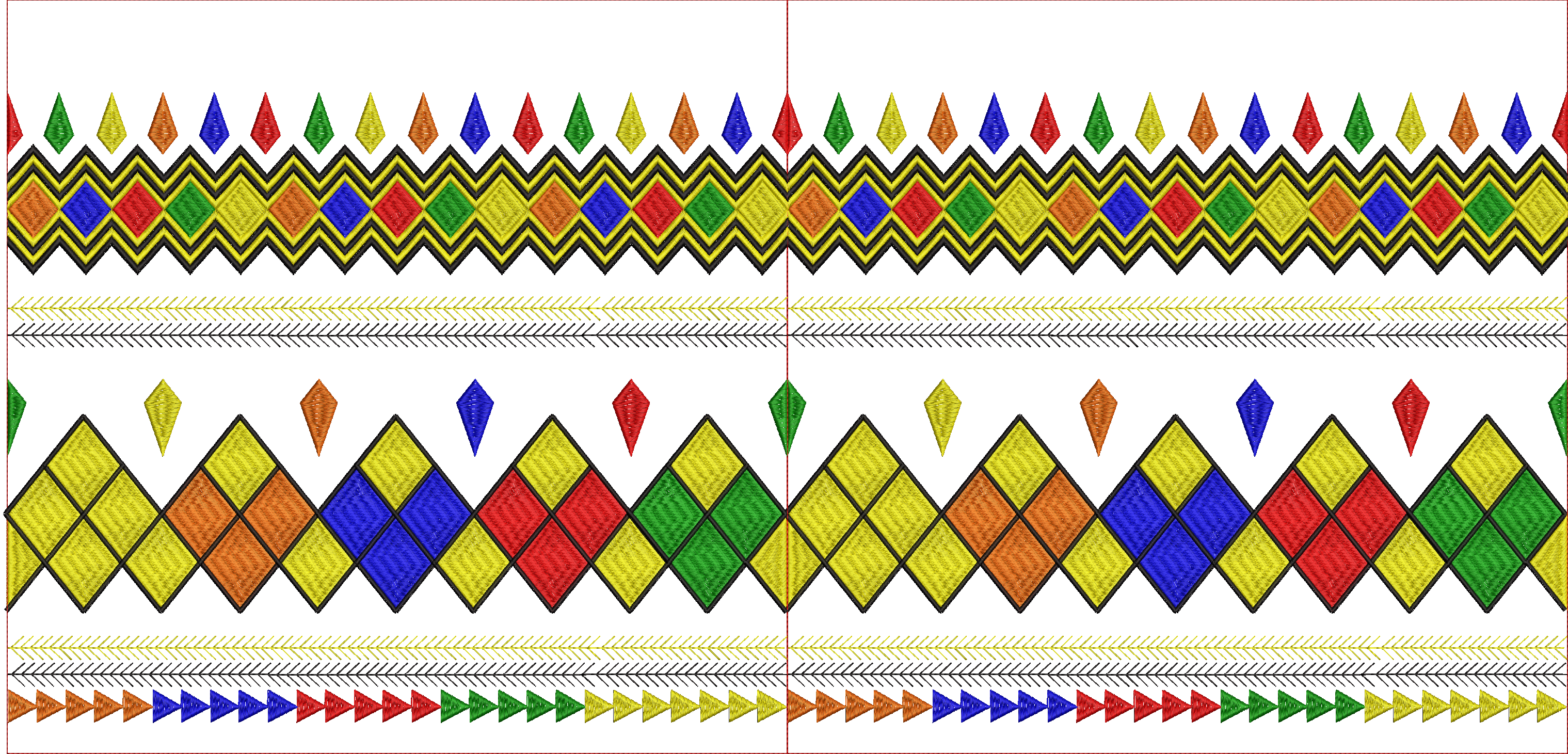 Embroidery design: A decorative embroidery border design with repeating geometric patterns including diamonds and chevrons in red, green, b