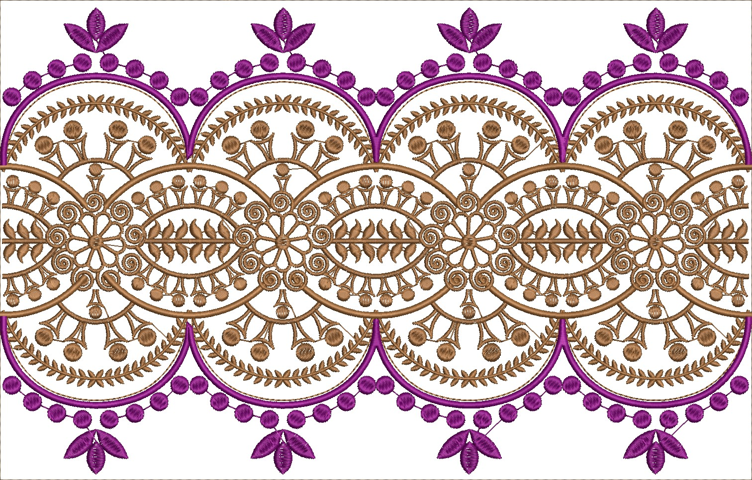 Embroidery design: A decorative embroidery border with repeating symmetrical geometric and floral motifs in purple and brown, featuring sca
