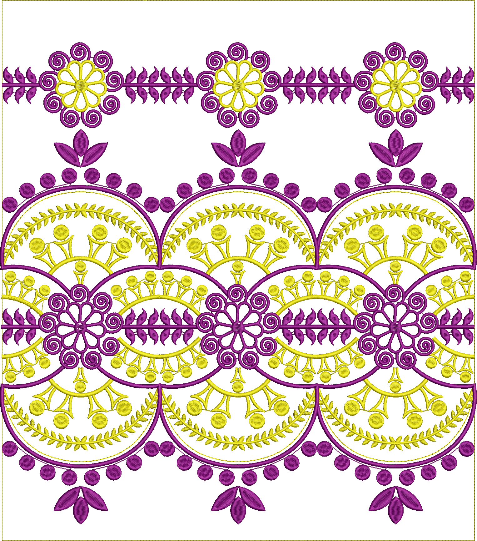 Embroidery design: A symmetrical, repeating ornamental border embroidery design in purple and yellow, featuring floral and geometric motifs
