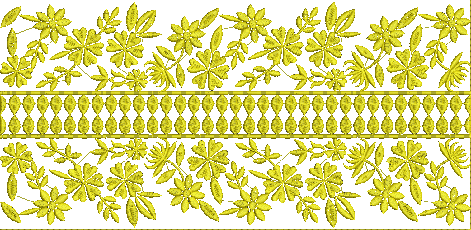 Embroidery design: A continuous yellow embroidery border featuring repeating floral and foliage motifs with a decorative ornamental and bot