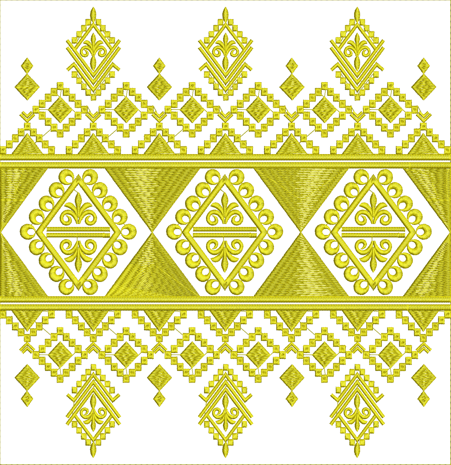 Embroidery design: A yellow ornamental embroidery design with a geometric, traditional, and ethnic style, featuring diamond motifs and a bo